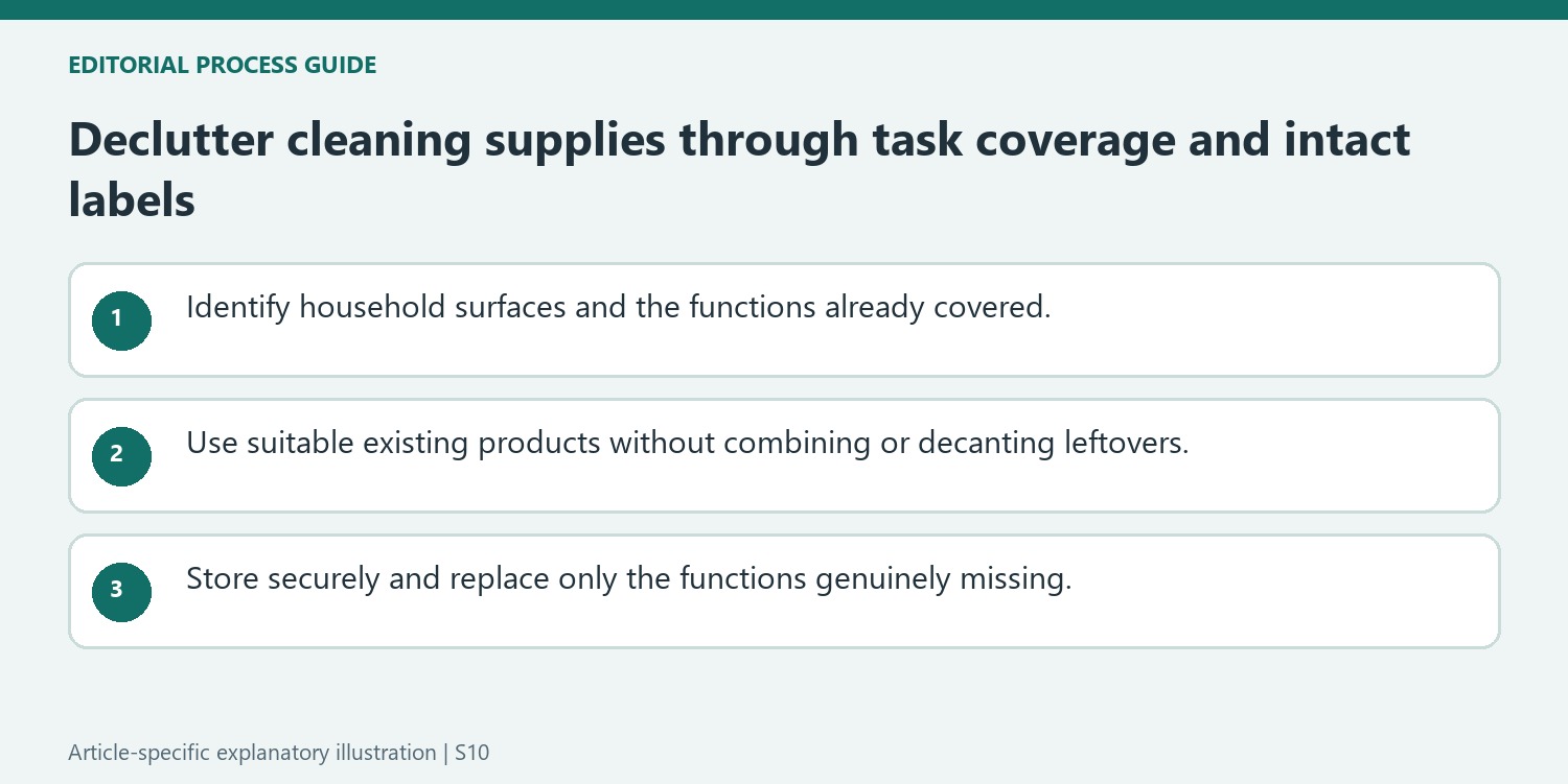 Declutter cleaning supplies through task coverage and intact labels