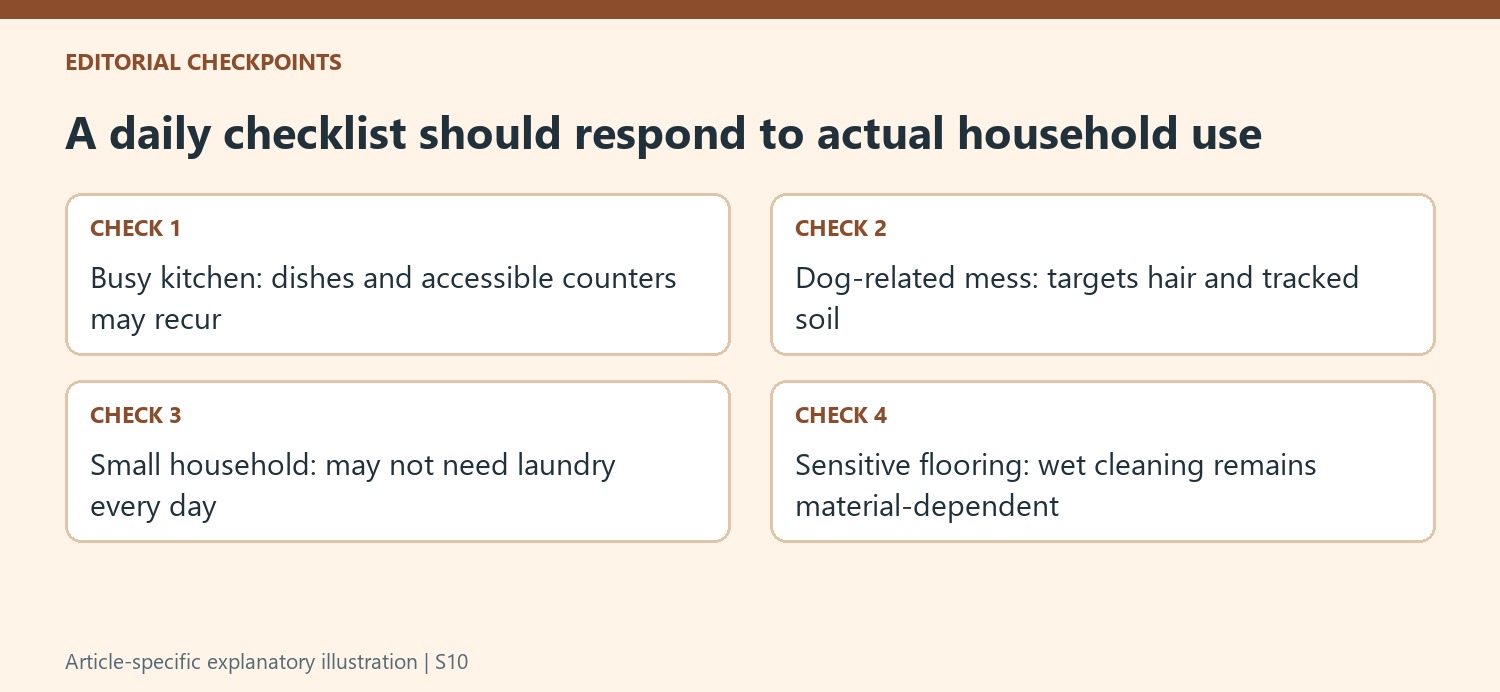 A daily checklist should respond to actual household use