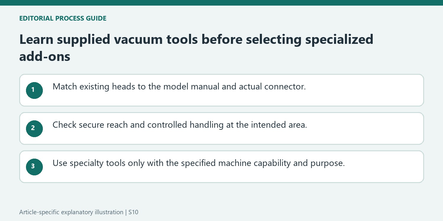 Learn supplied vacuum tools before selecting specialized add-ons