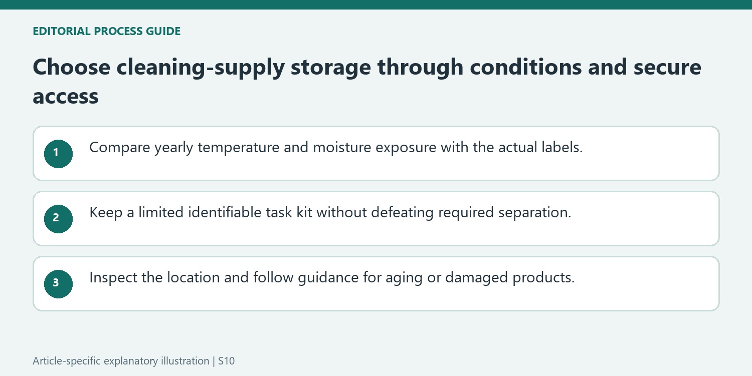 Choose cleaning-supply storage through conditions and secure access