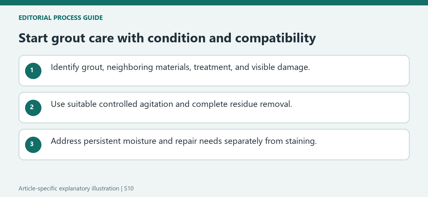 Start grout care with condition and compatibility