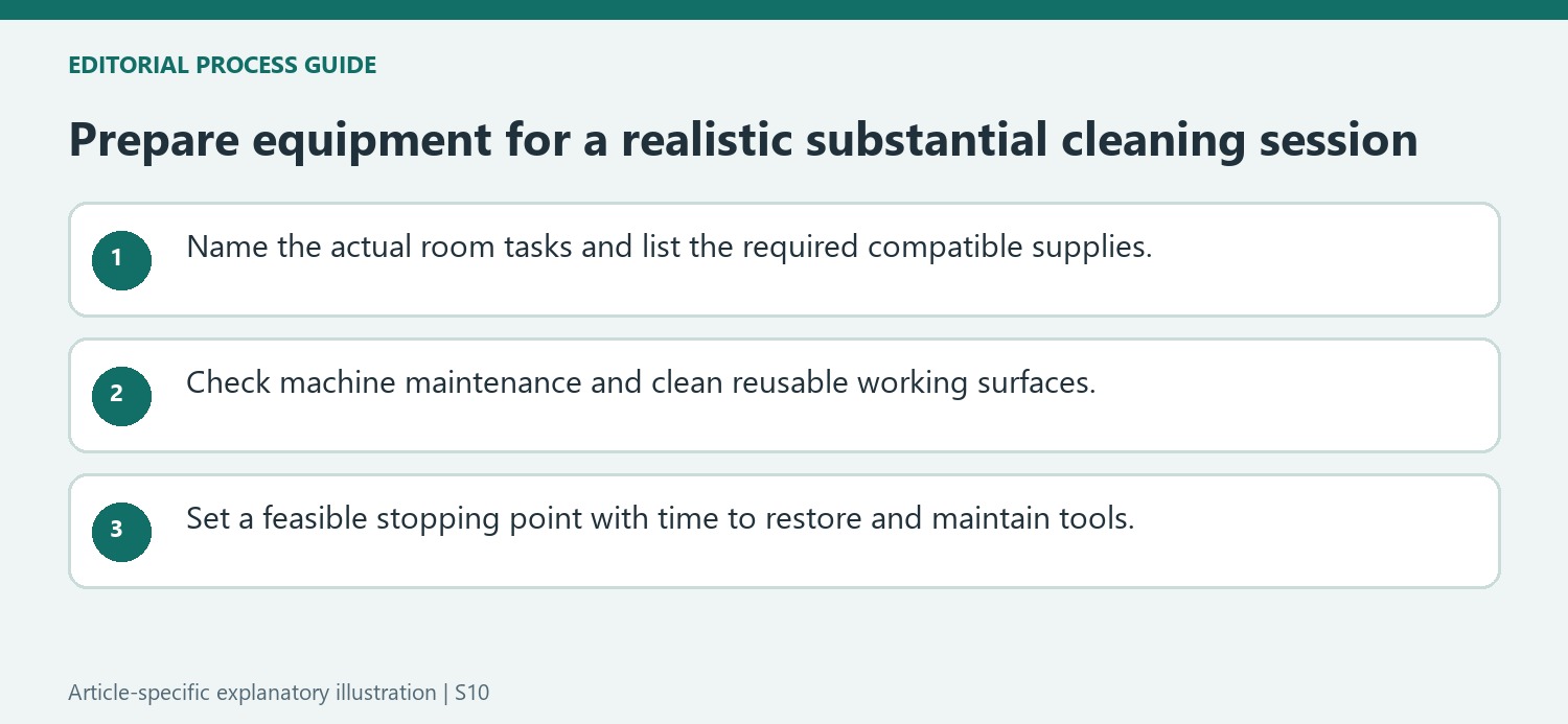 Prepare equipment for a realistic substantial cleaning session