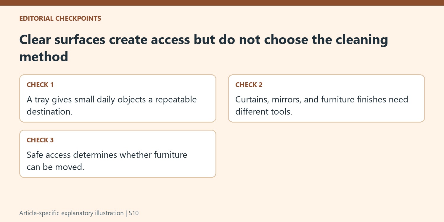 Clear surfaces create access but do not choose the cleaning method