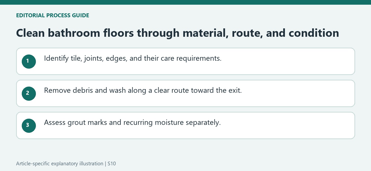 Clean bathroom floors through material, route, and condition