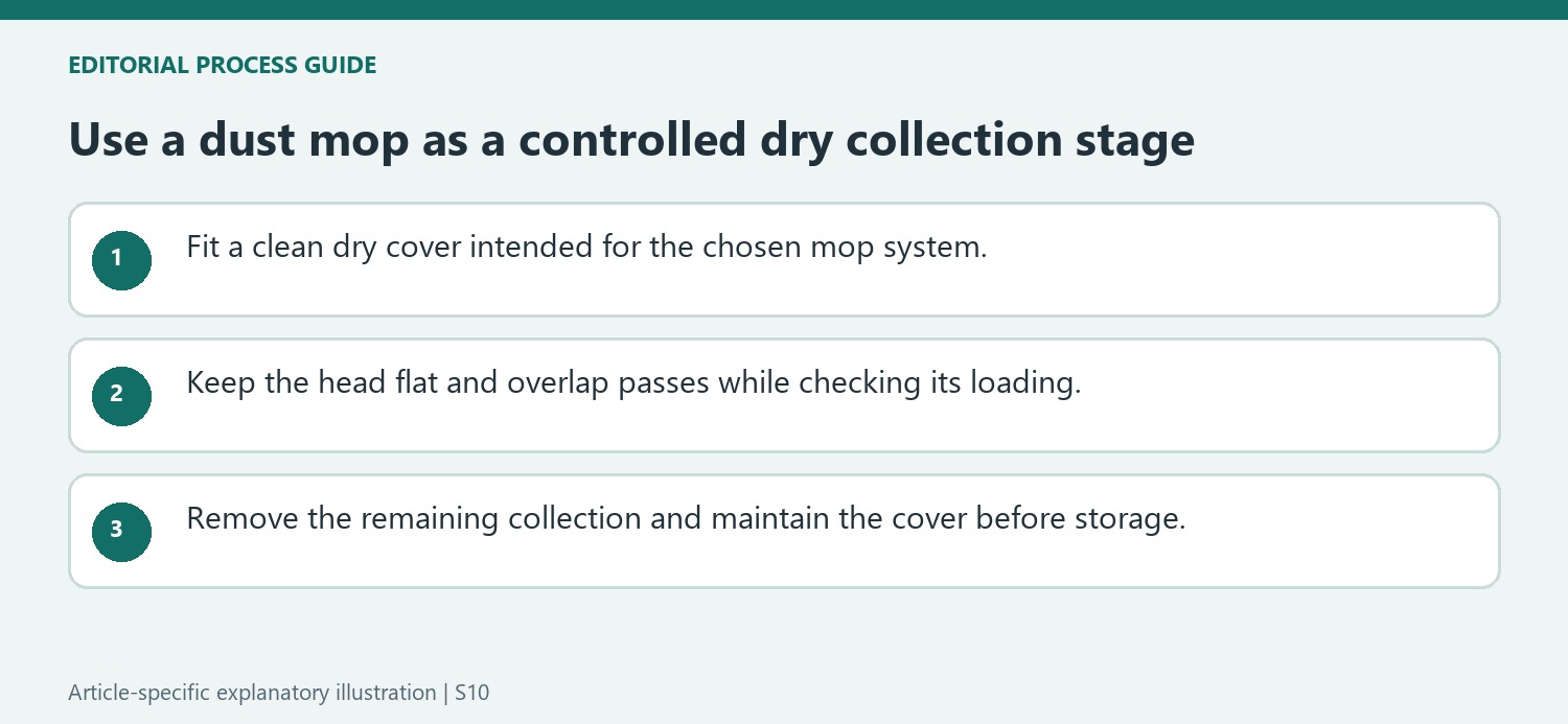 Use a dust mop as a controlled dry collection stage