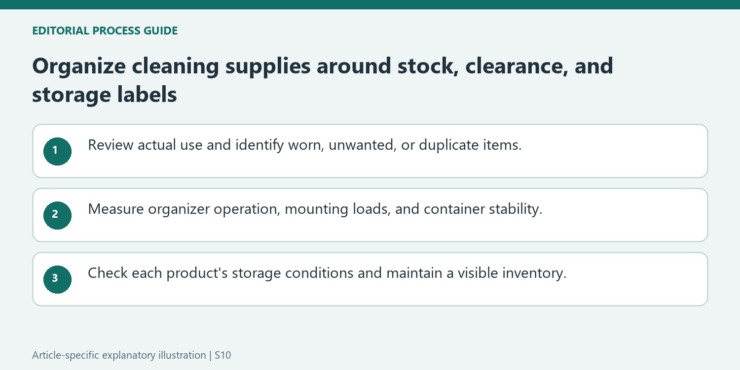 Organize cleaning supplies around stock, clearance, and storage labels