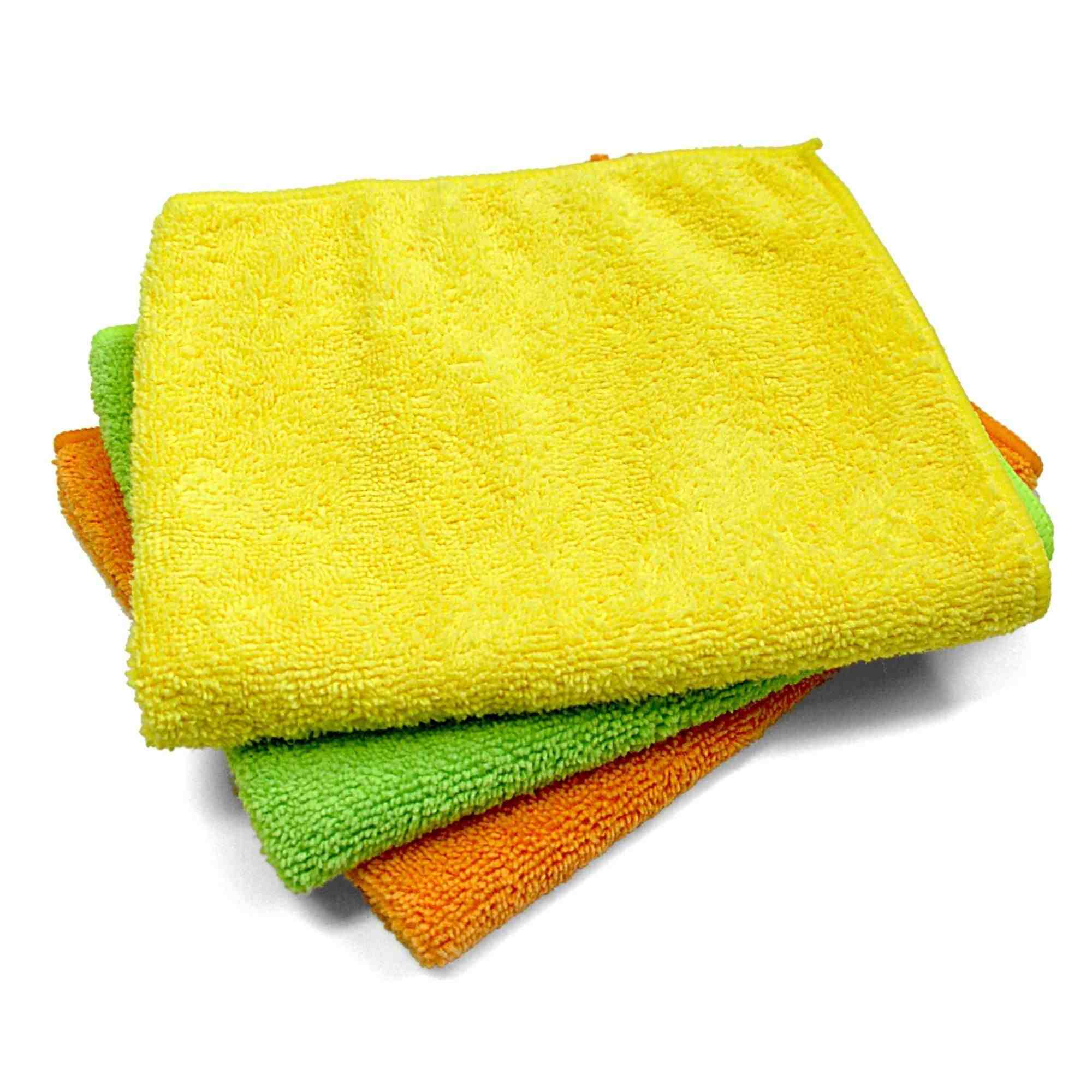 Three folded microfiber cloths in different colors.