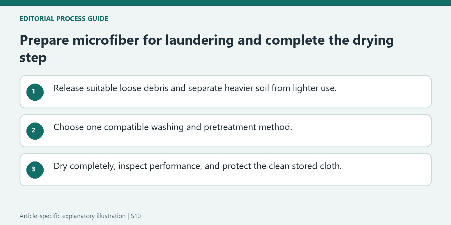 Prepare microfiber for laundering and complete the drying step