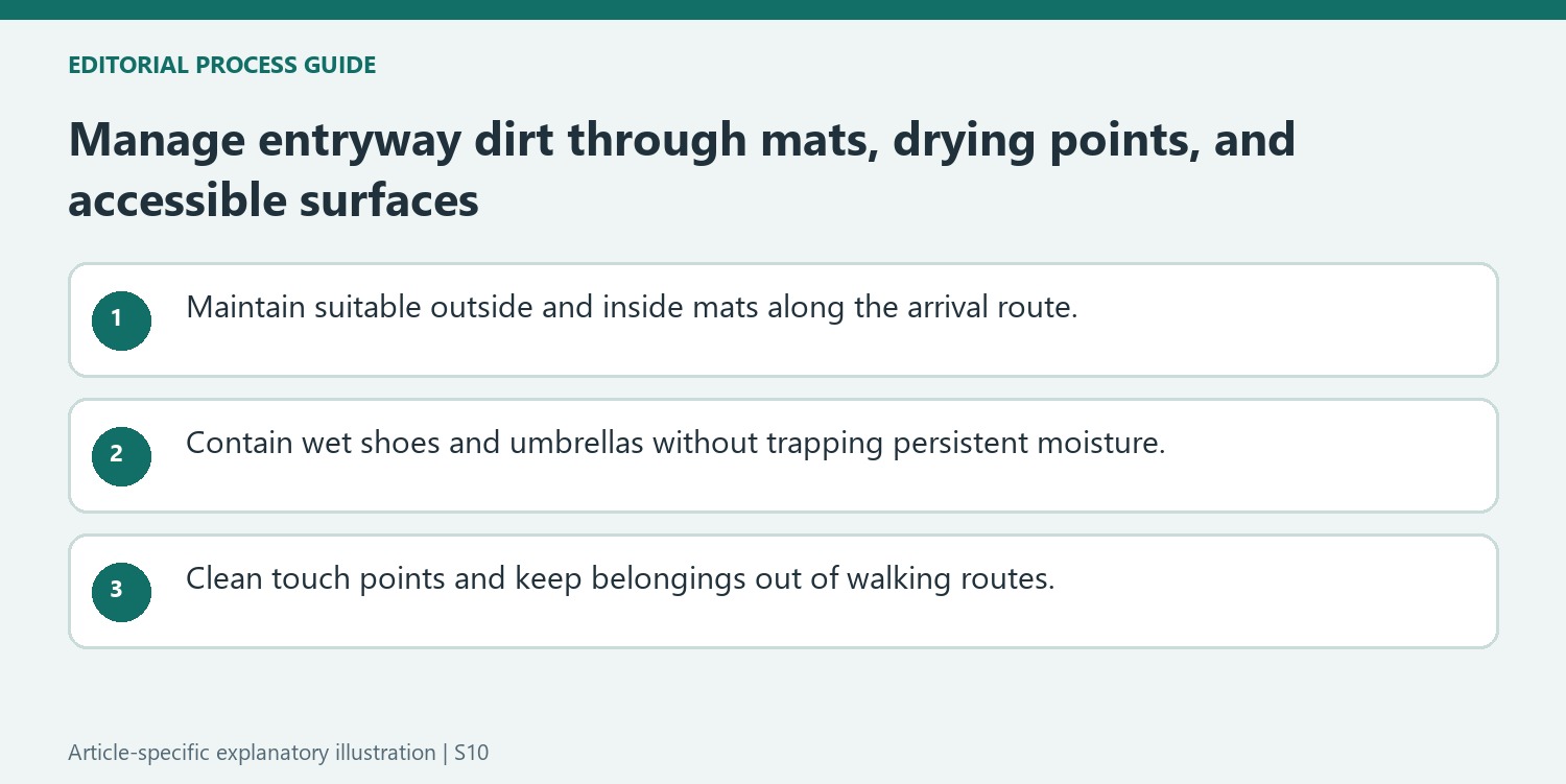 Manage entryway dirt through mats, drying points, and accessible surfaces