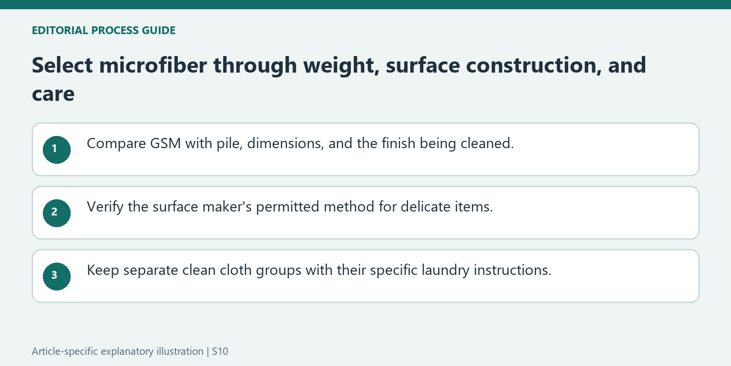 Select microfiber through weight, surface construction, and care