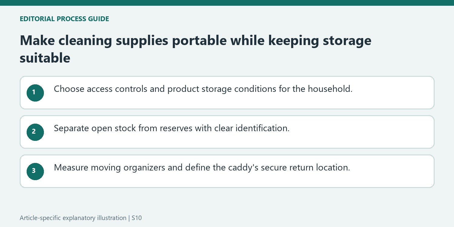 Make cleaning supplies portable while keeping storage suitable