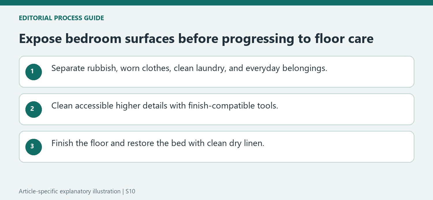 Expose bedroom surfaces before progressing to floor care