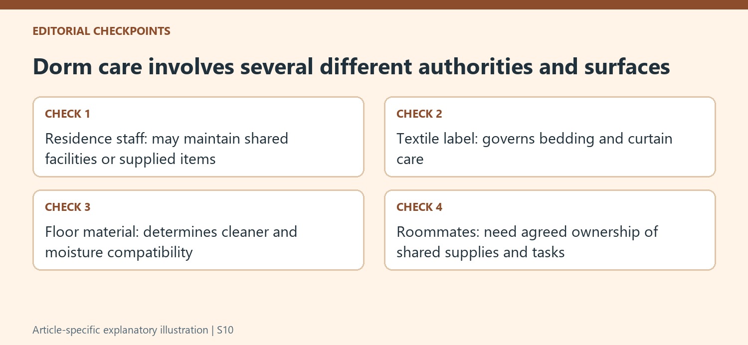 Dorm care involves several different authorities and surfaces