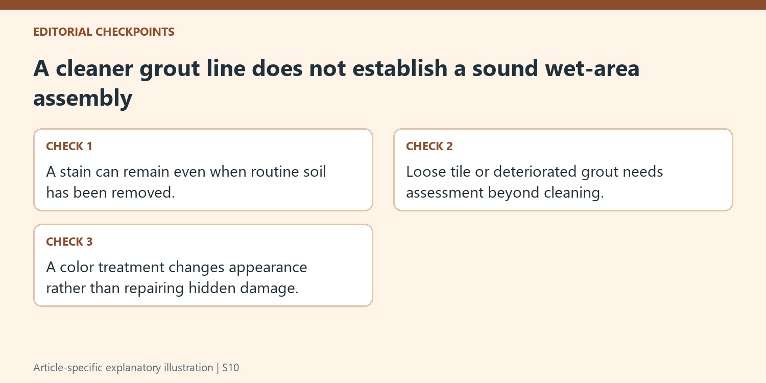 A cleaner grout line does not establish a sound wet-area assembly