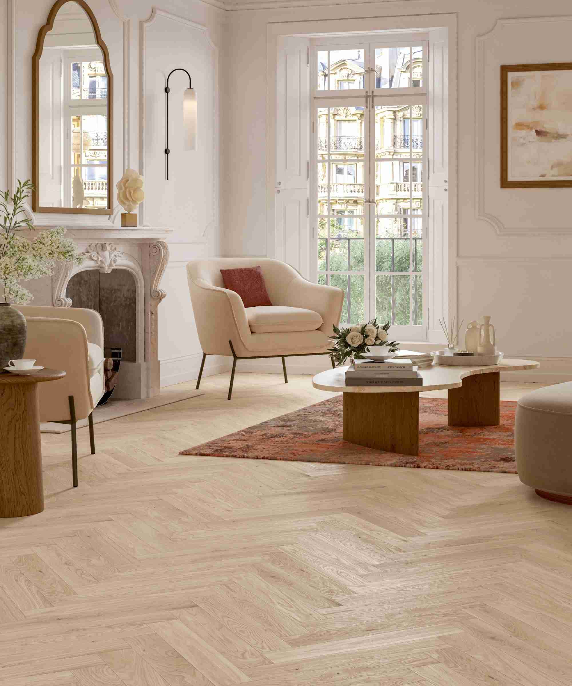 Living space with a visible herringbone wood floor.