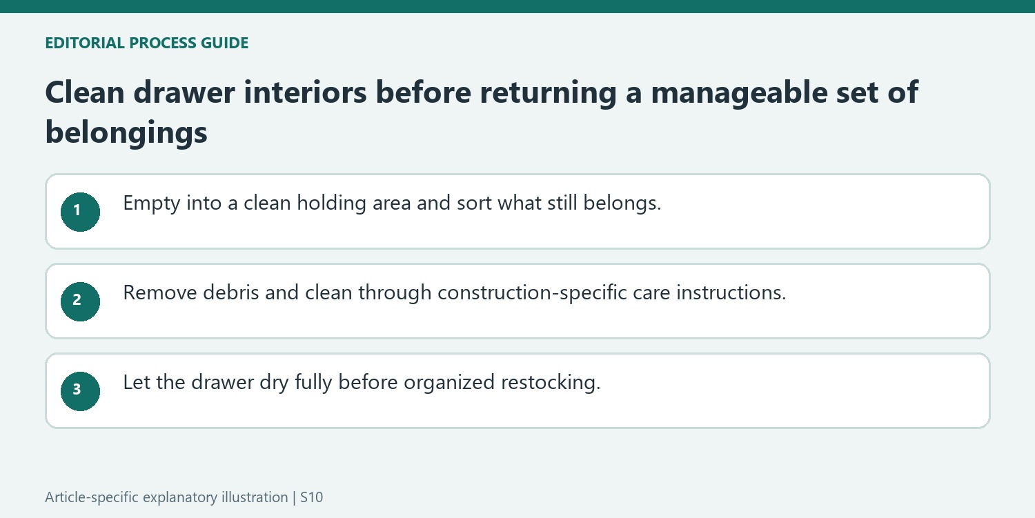 Clean drawer interiors before returning a manageable set of belongings