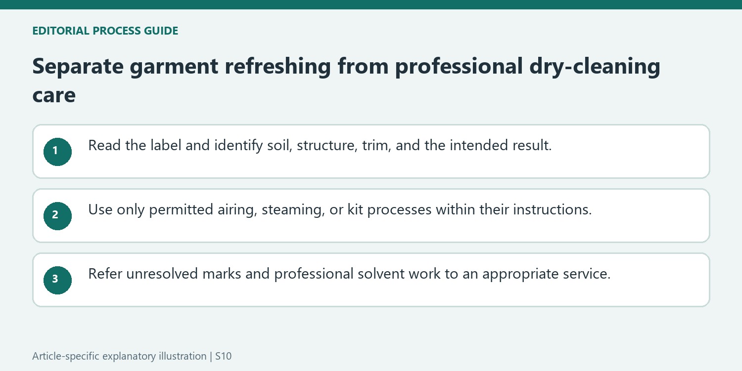 Separate garment refreshing from professional dry-cleaning care