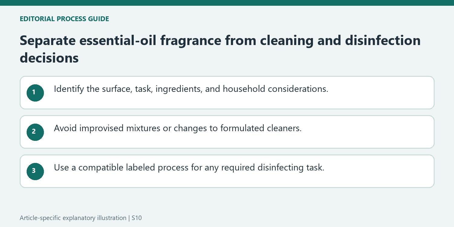 Separate essential-oil fragrance from cleaning and disinfection decisions