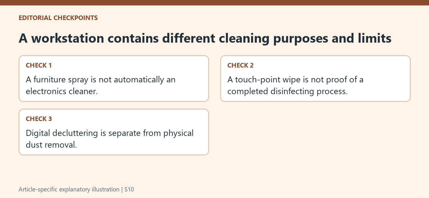 A workstation contains different cleaning purposes and limits