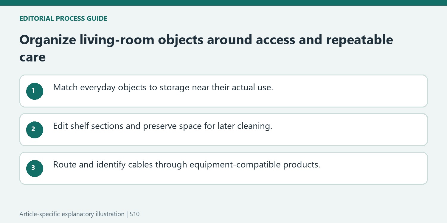 Organize living-room objects around access and repeatable care