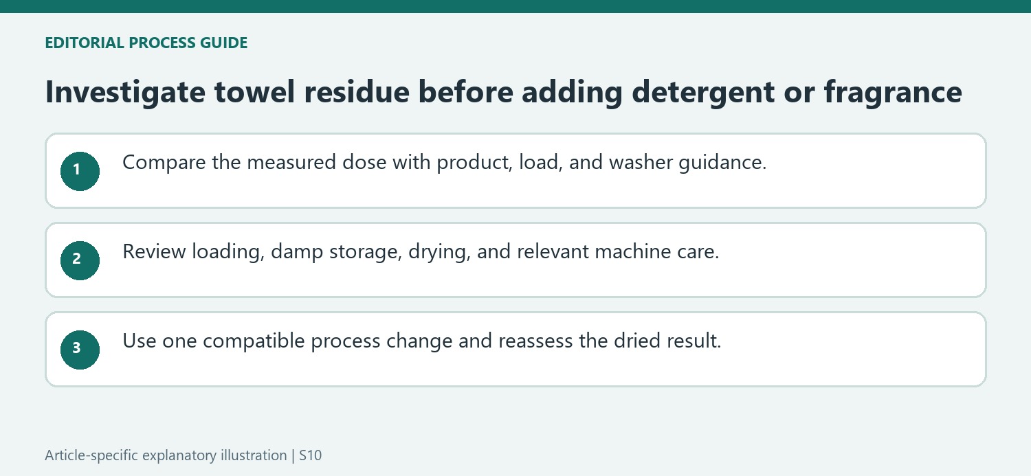 Investigate towel residue before adding detergent or fragrance