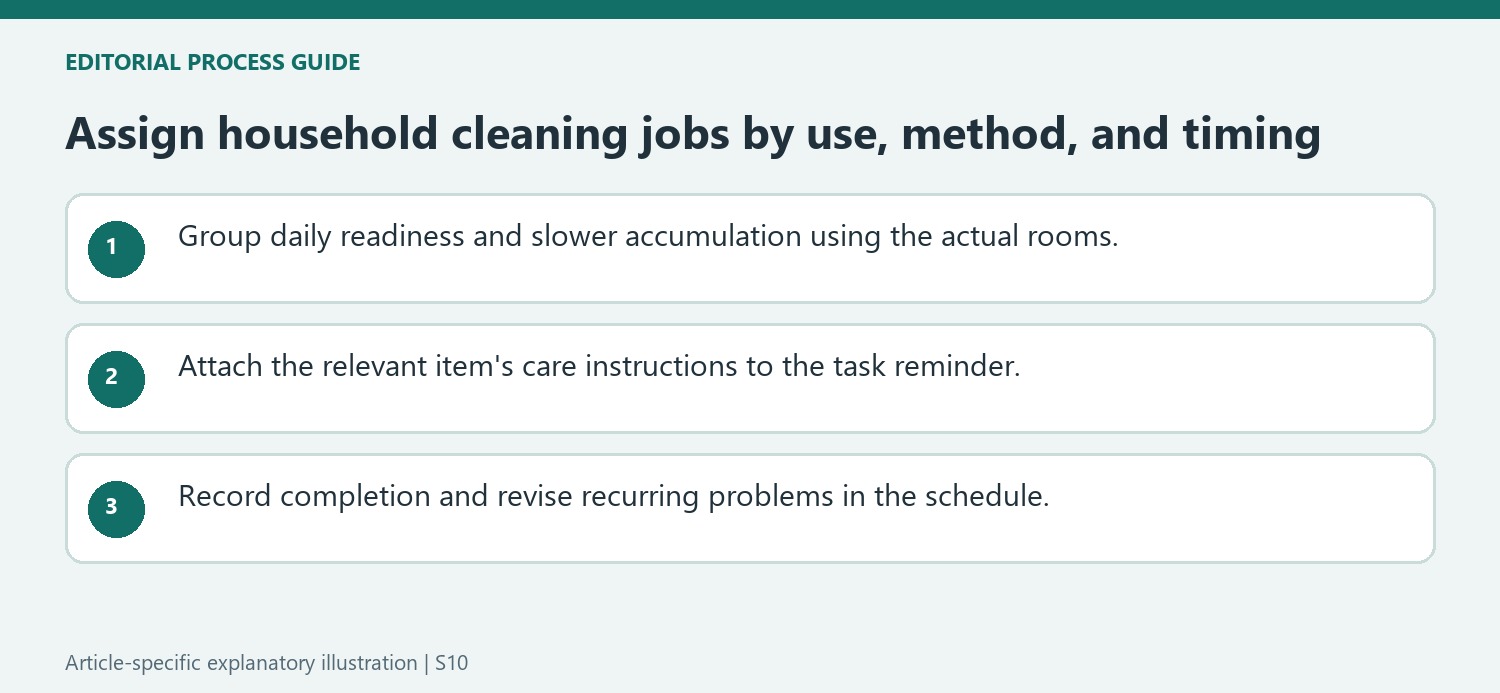 Assign household cleaning jobs by use, method, and timing