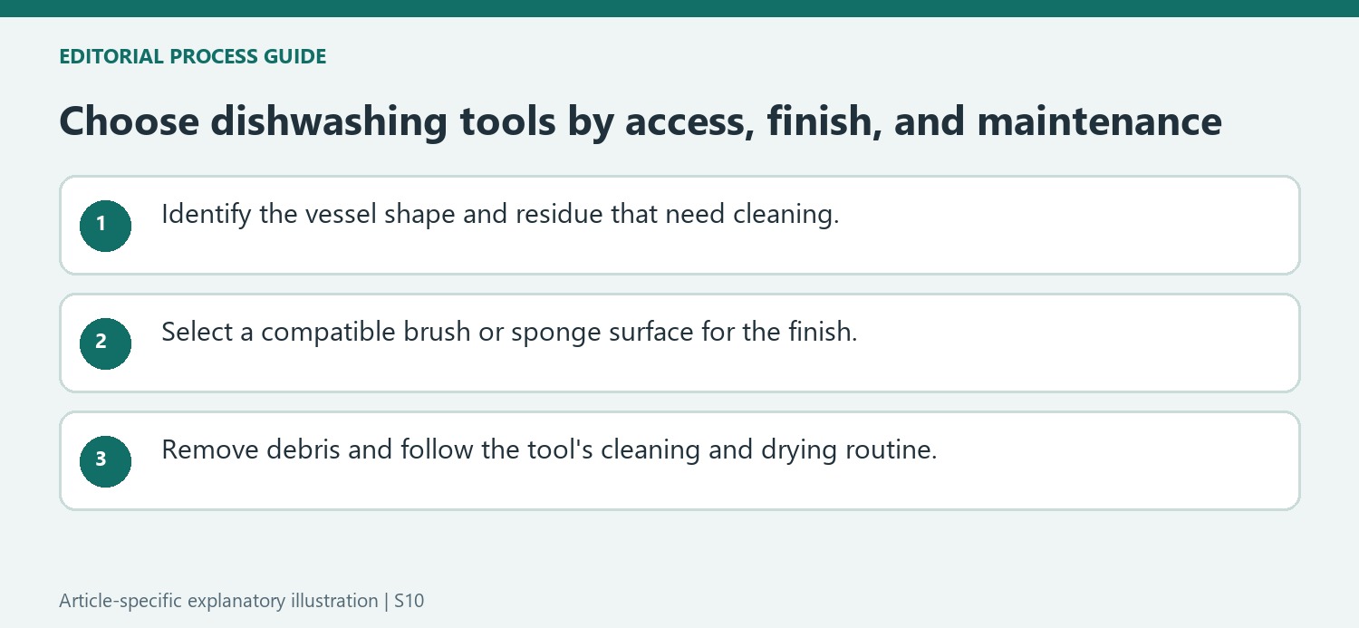 Choose dishwashing tools by access, finish, and maintenance