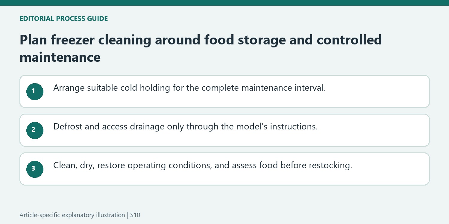 Plan freezer cleaning around food storage and controlled maintenance