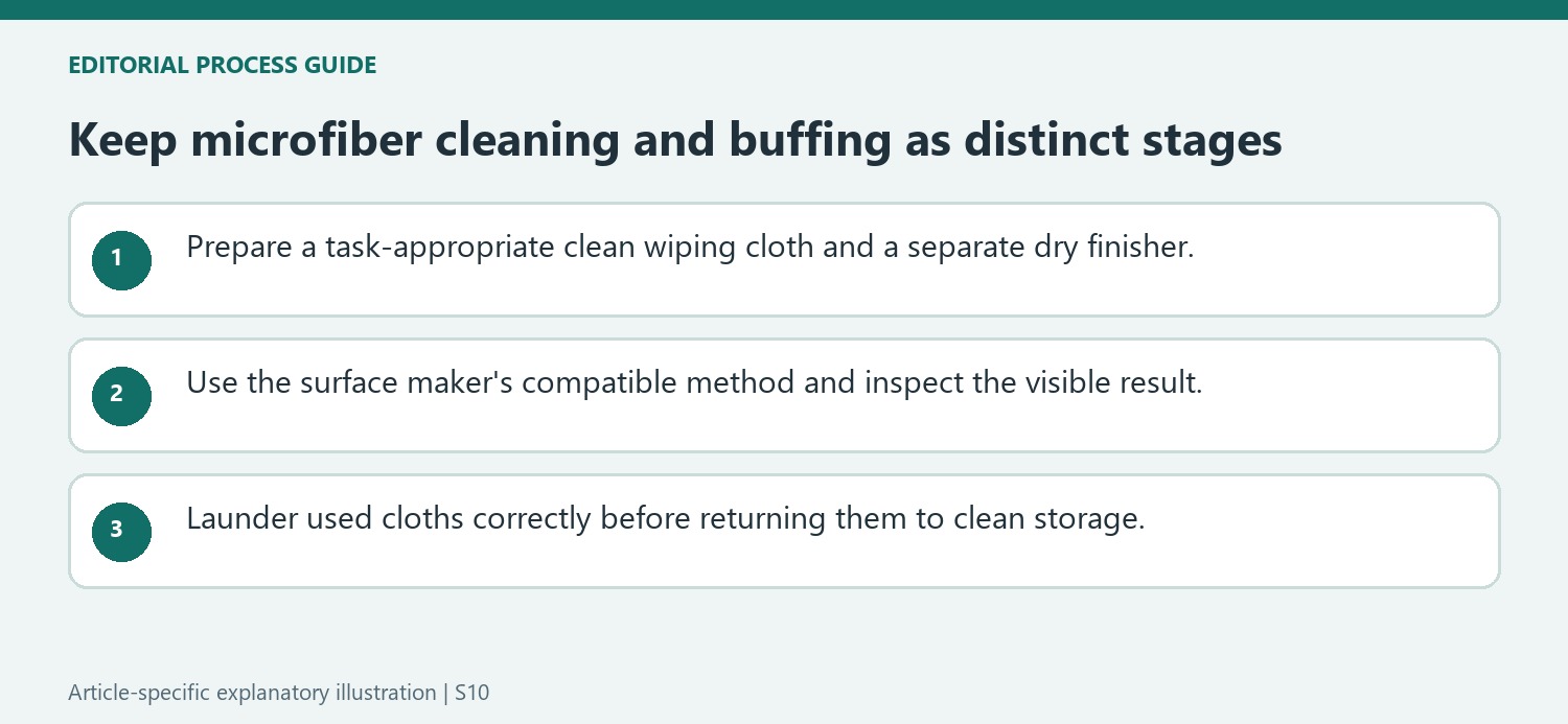 Keep microfiber cleaning and buffing as distinct stages