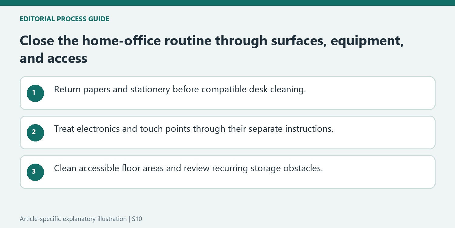 Close the home-office routine through surfaces, equipment, and access